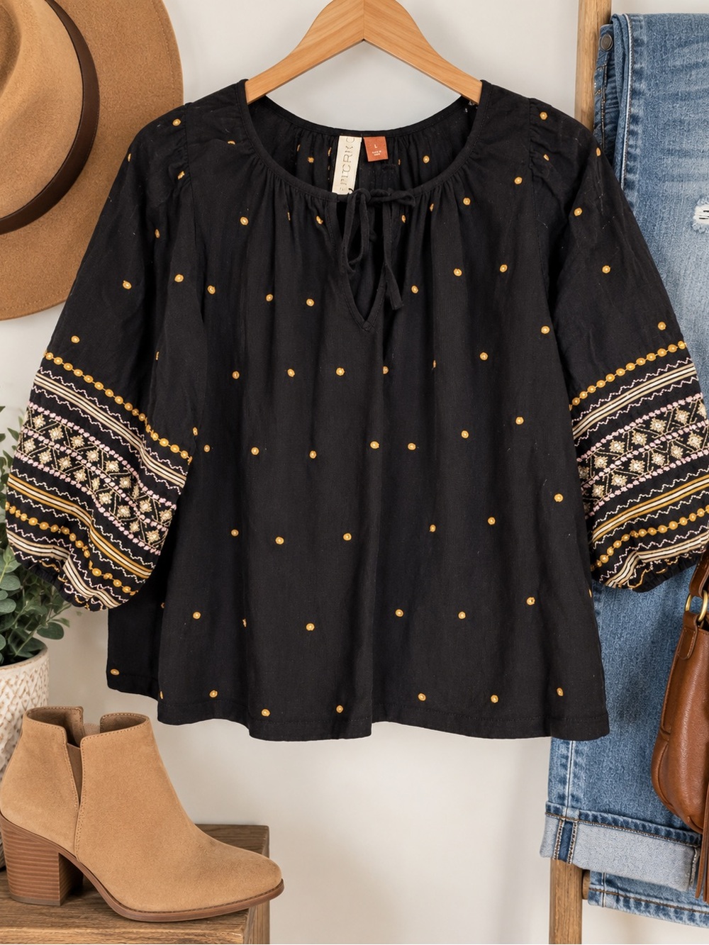 Pilcro Black Blouse with Mustard Embroidery